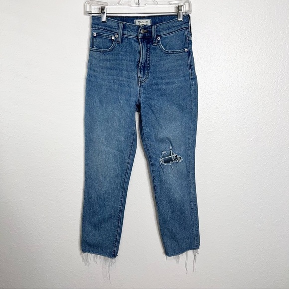 Madewell Jeans Size 25 The Perfect Vintage Distressed Raw Hem High Rise Mom Blue - Picture 1 of 13